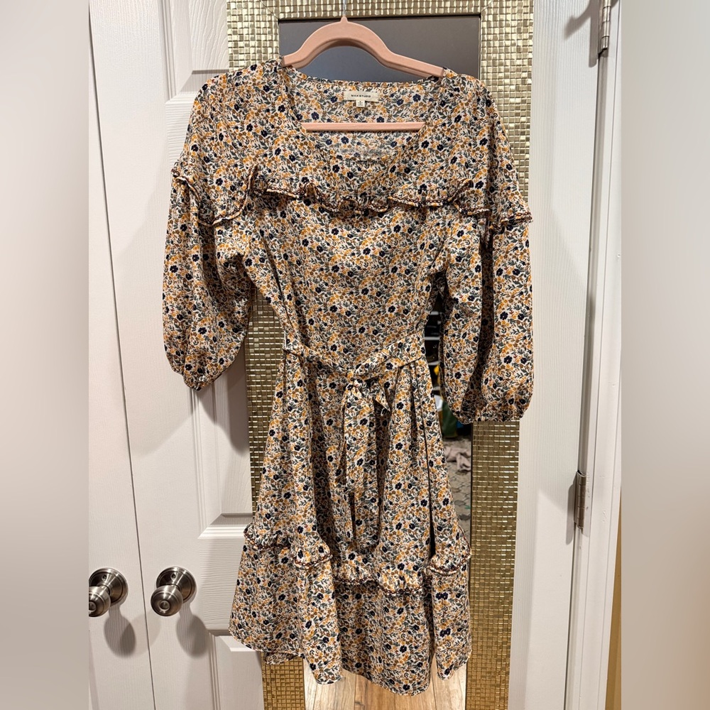 Max Studio Floral Long Sleeve Dress - Tan and Blue